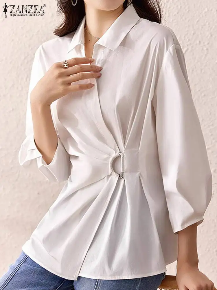

Модная блузка ZANZEA с отложным воротником, женские Асимметричные рубашки, винтажные плиссированные топы на талии, туники, корейские повседневные Белые Офисные Блузы