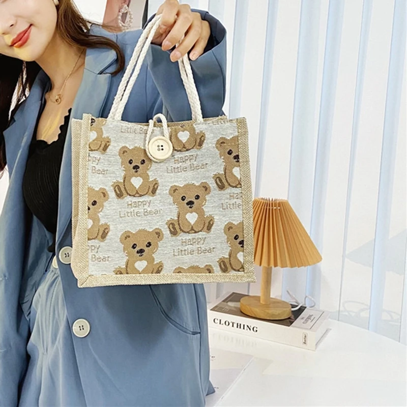 Дамская хлопковая льняная сумка для обеда с милым мультяшным медведем, легким контейнером в виде коробки для работы на открытом воздухе, в школе и на пикнике.