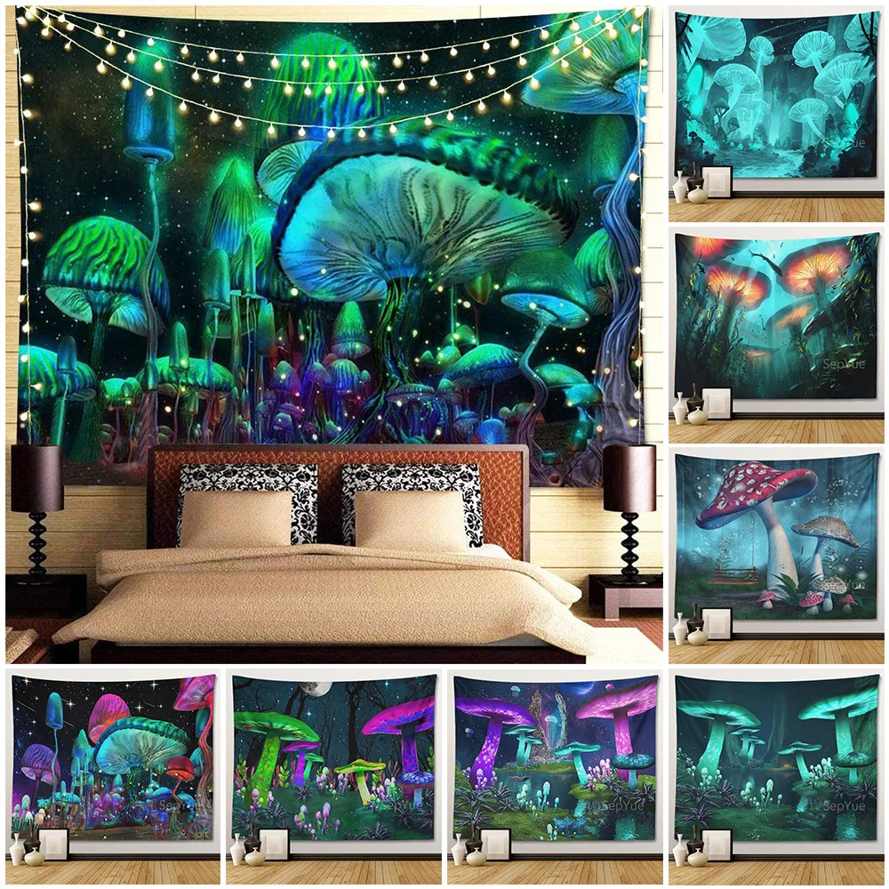 

SepYue Mushroom Castle Wall Hanging Tapestry Nature Art Starry Sky Galaxy Psychedelic Carpet Magical Forest Tree Tapestries