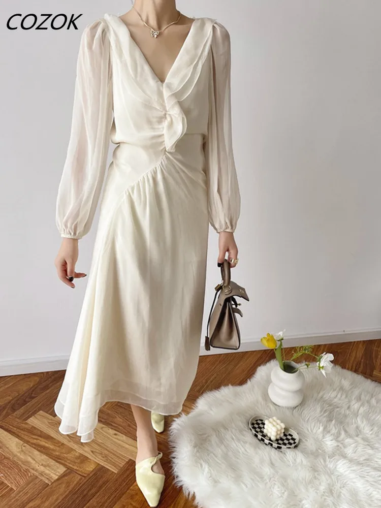 

Pleated Elegant Chic Slim Dress Women V-neck Casual Modis Office Dress Vintage Ruffle Autumn Ladies Dresses