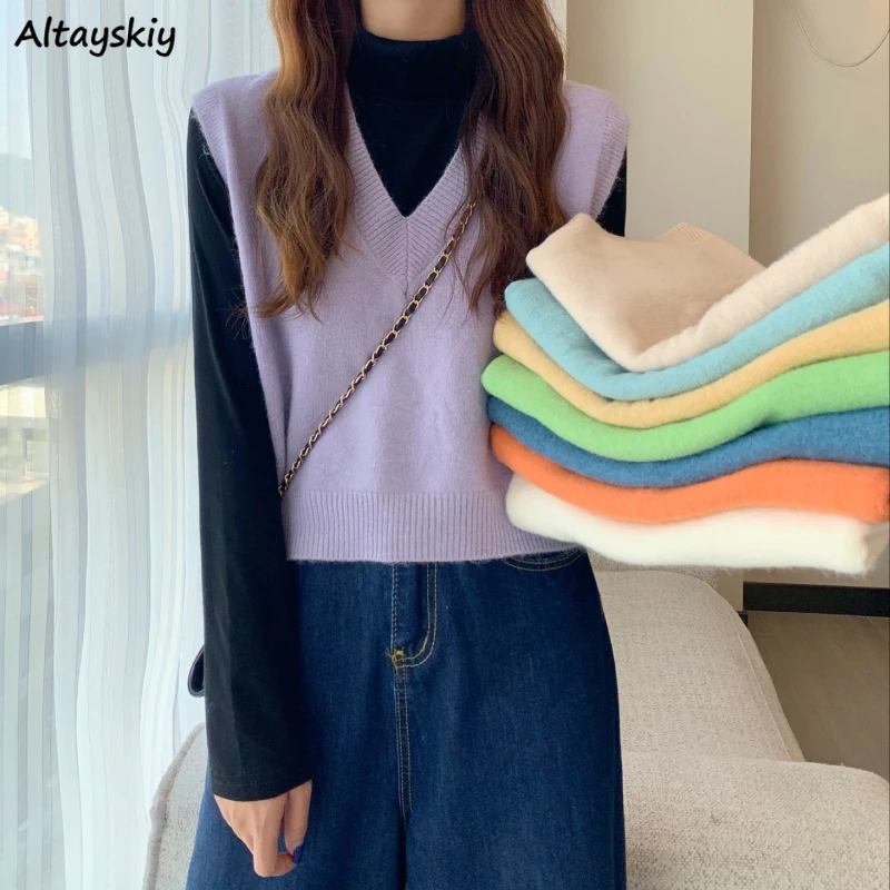 

Sweater Vest Women High Street V-neck Knitting Vests Solid Purple Sleeveless Sweaters Sweet Candy Colors Loose-fit Jumpers Girls