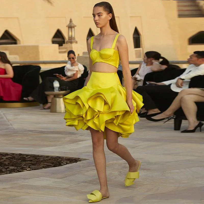 

2 Pieces Yellow Party Dresses vestido de curto Spaghetti Blouse And Skirt Ruffle Short Club Dresses Women Satin Robe De Soiree