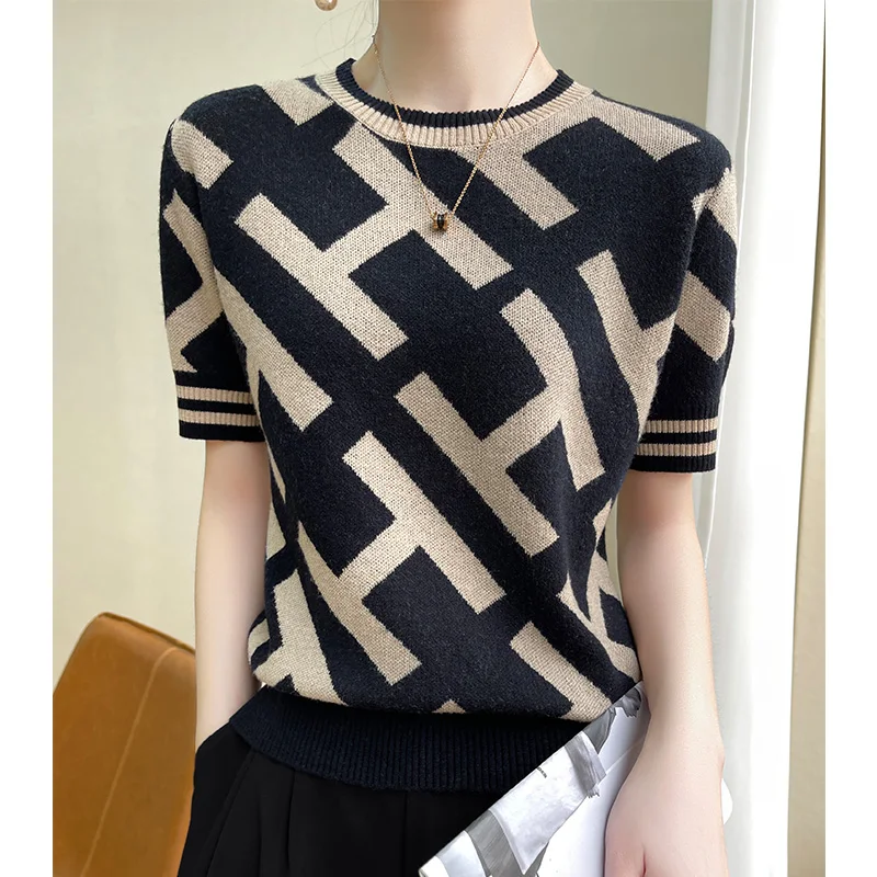 

Spring/Summer New Women's Casual Pullover Letters Round Neck Wool Knit Sweater Short Sleeve Ladies Top T-Shirt Tees Hot Sale