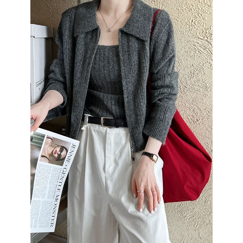 Красный вязаный женский костюм с длинными рукавами осень-зима 2024 новое пальто на