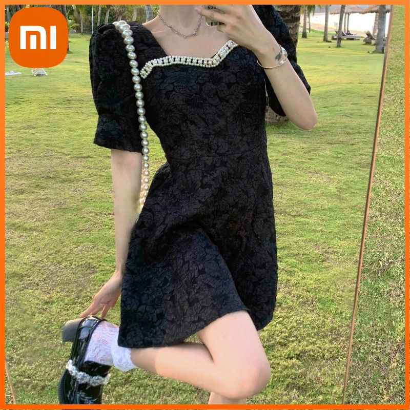 

Xiaomi Summer Black Mini Dresses Women Casual Short Sleeve Elegant Vintage Dress Femaels Korean Fashion Design Beach Dress Y2K