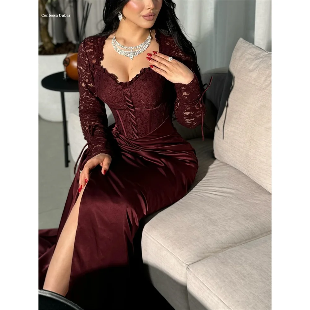 Фото Contessa Dubai Кружевное платье для выпускного вечера с вышивкой и рукавами с высоким разрезом по бокам, платья de noche Pleats Formal Evening فساتين سهرة Customized №1