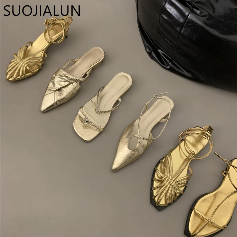 SUOJIALUN 2023 Summer New Women Sandal Fashion Gold Narrow Band Ladies Dress Slides Flat Heel Outdoor Dress Sandal Slipper Shoes