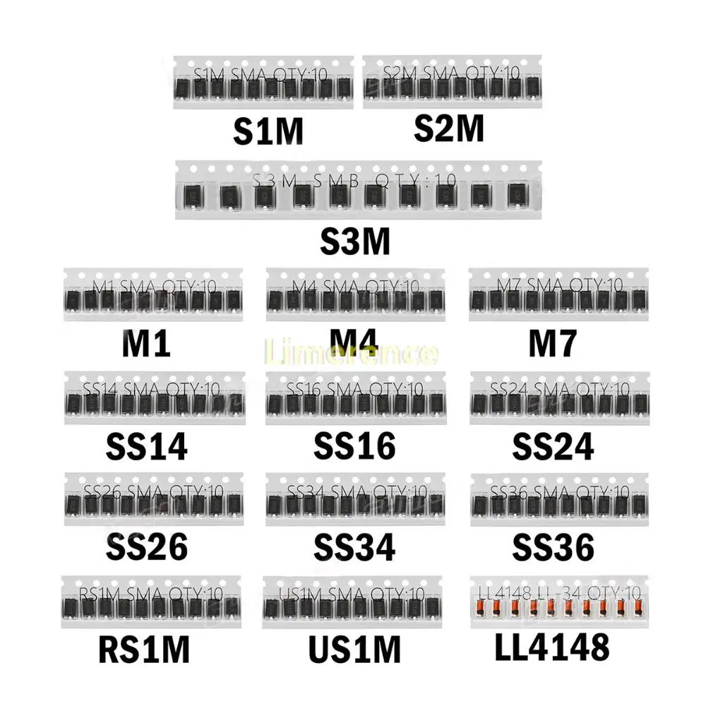 

Набор диодов Schottky Sakelar Cepat SMD M1 M4 M7 S1M S2M S3M SS14 SS16 SS24 SS26 SS34 SS36 RS1M US1M LL4148
