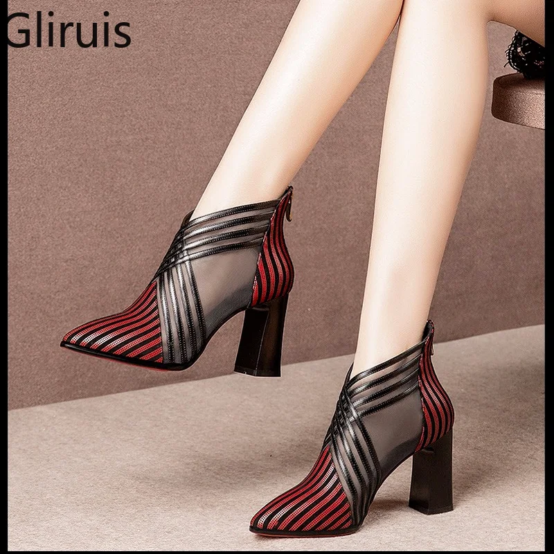 

Fashion Solid Mesh High Heels Pointed Toe Cross Lines Decoration Ankle Lady Boots Women Ventilate Boots Black Boots Women