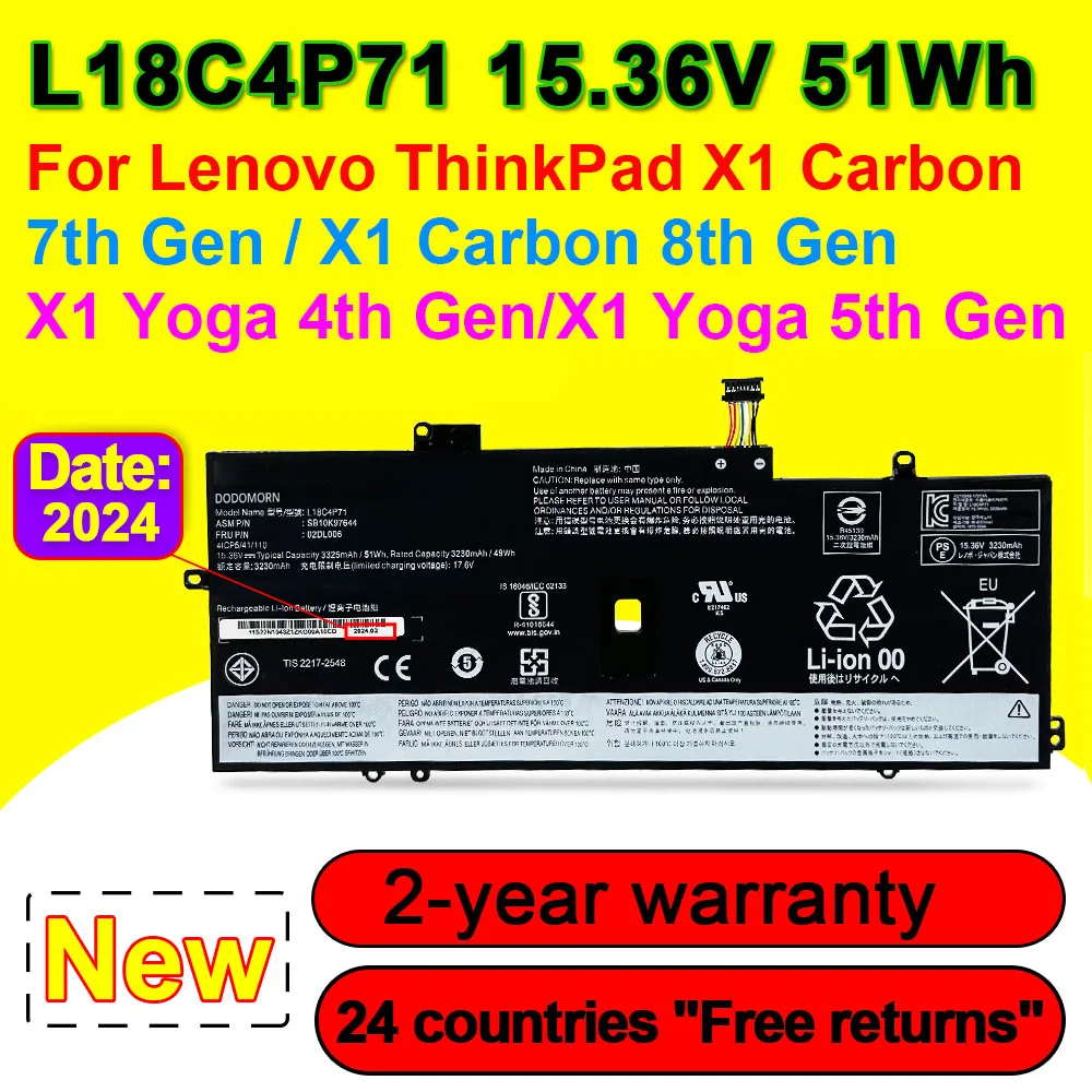 Аккумулятор L18C4P71 для ноутбука Lenovo ThinkPad X1 Carbon батарея 7-го/8-го поколения Yoga 4-го/5-го