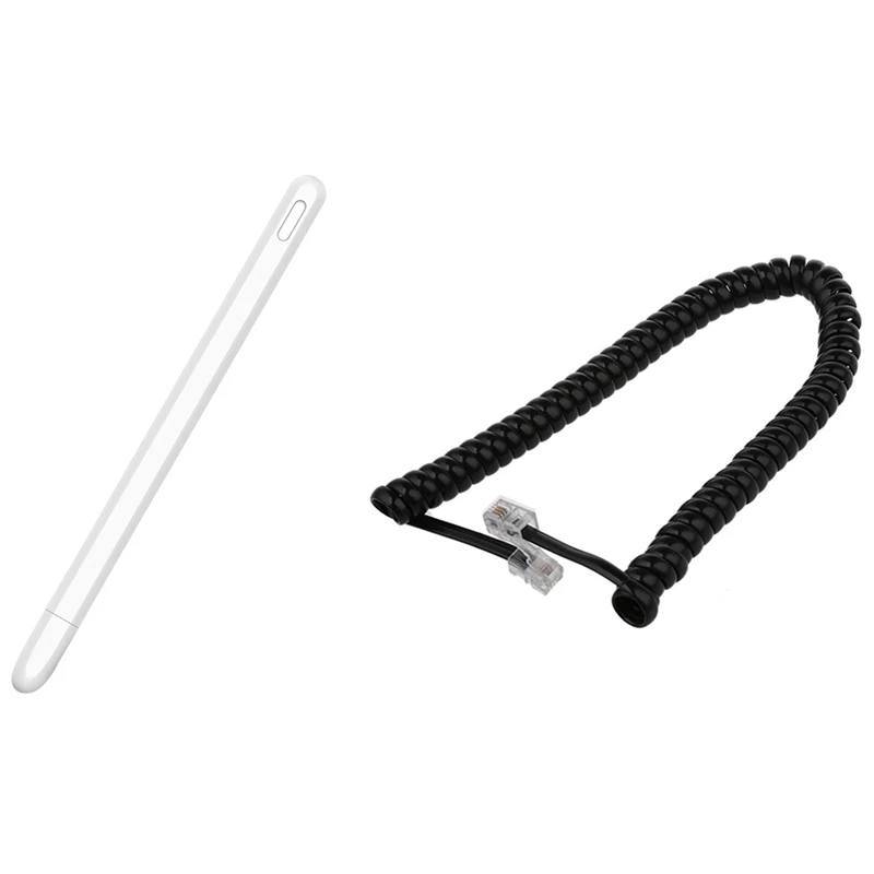 2 M Black Telephone Extension Coil Cable Cord With Tablet Press Stylus Pen Protective Cover