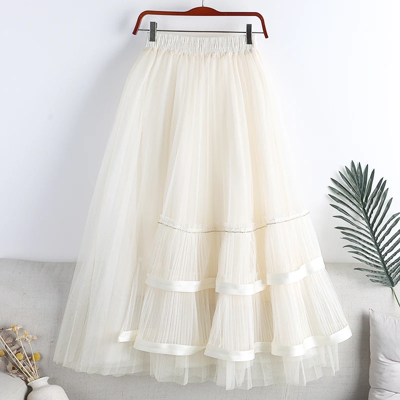 2022 Spring New White Ladies Casual High Waist Irregular Mesh Stitching Mid-length Large Swing A-line Skirt enlarge