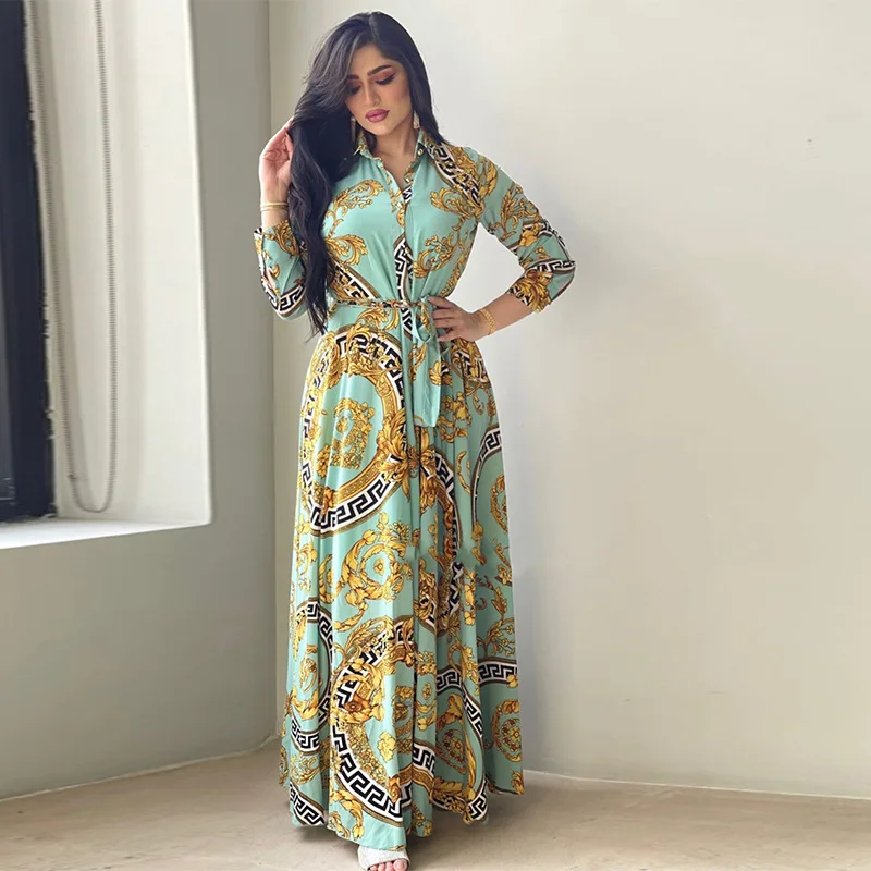 

Print Dress Muslim Abayas for Women Big Swing Belt Dresses Robe Femme Musulmane Kaftan Hijab Islamic Clothing Ramadan Abayat