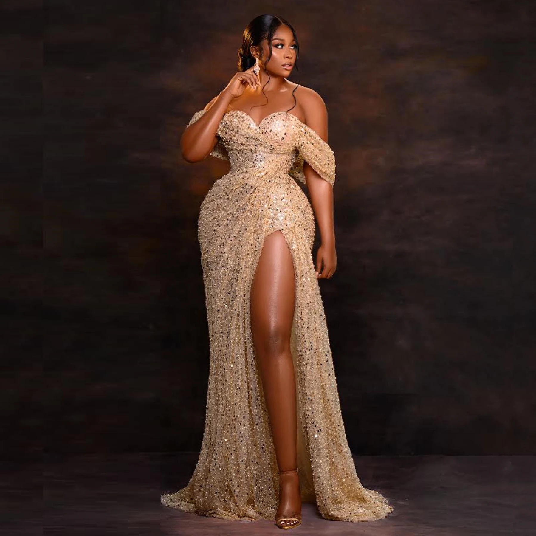 

Champagne Sequins Beaded Lace Prom Dresses Aso Ebi Style Off the Shoulder High Split Elegant Evening Dress for African Women