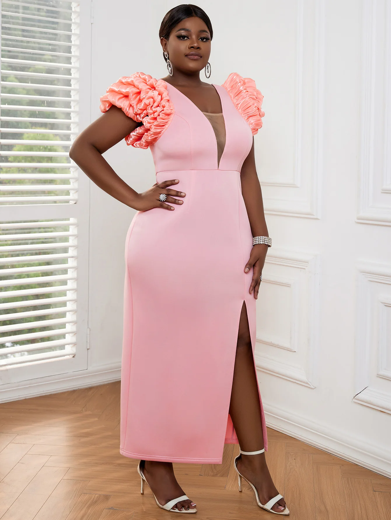 

Pink Party Dresses for Women Deep V Neck Short Sleeves Sexy Slit Ankle-Length Celebrity Birthday Dinner Nightout Party Gowns