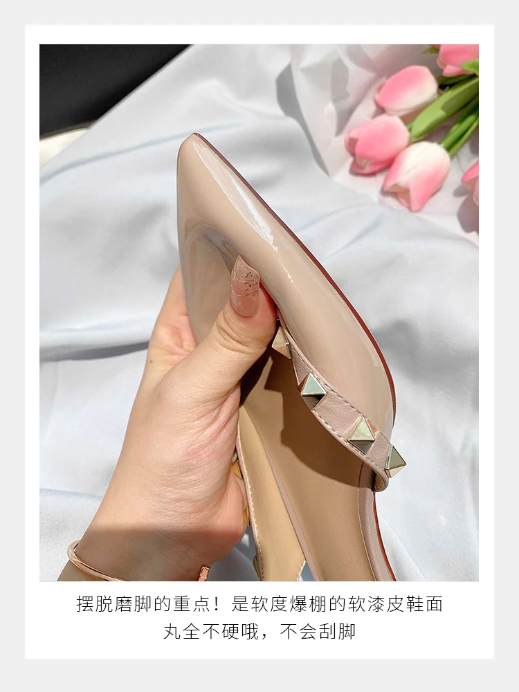 Genuine Leather Rivet Thick Heel Wrapped Sandals For Women's Summer 2023 New Pointed 3cm Low Heel Retro Fashion Single Shoes 41