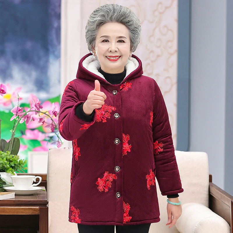 2022 Grandma Thicken Middle Aged Elderly Women Winter Coat Hooded Fleece Grandma Cotton Jacket Warm Mid-Long Mother Parka XL-5XL