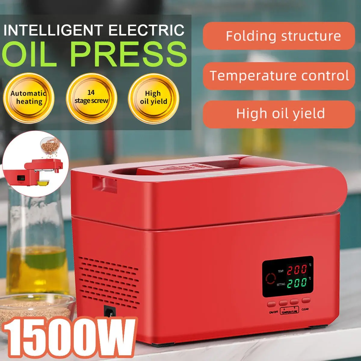 Prensatelas de aceite para el hogar, máquina automática de prensado de 1500W, LED Digital, Control de temperatura, cacahuete, linaza, sésamo