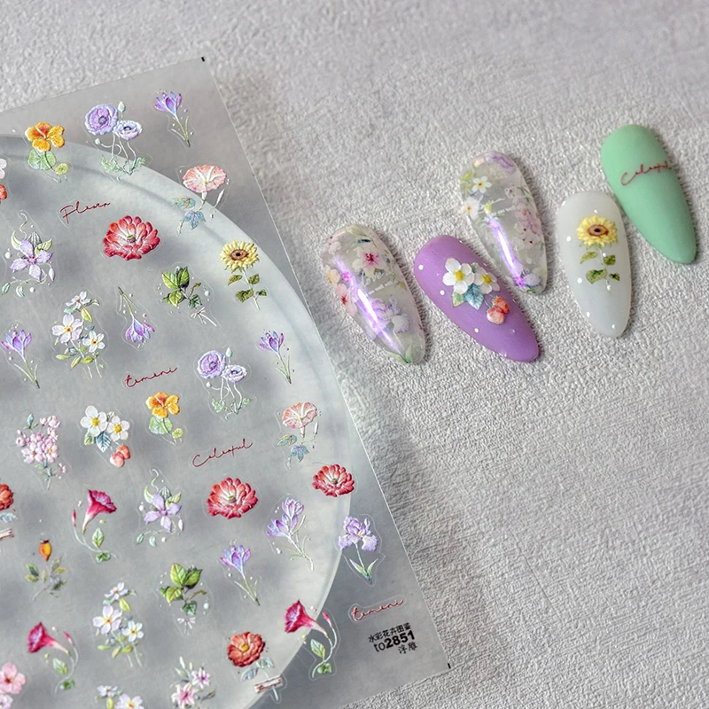 

Яркий акварельный цветок 5D, мягкий рельефный самоклеящийся декоративный стикер для ногтевого дизайна, наклейка для маникюра с клубничным подсолнухом 3D