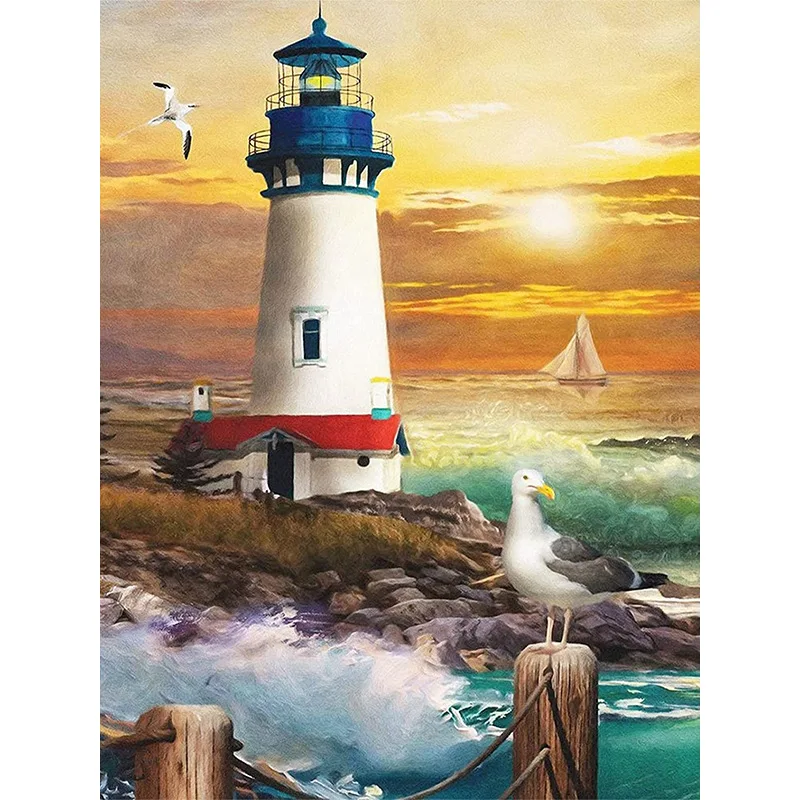 

round Diamond DrillingdiyDiamond Embroidery Coast Lighthouse5dDiamond Painting