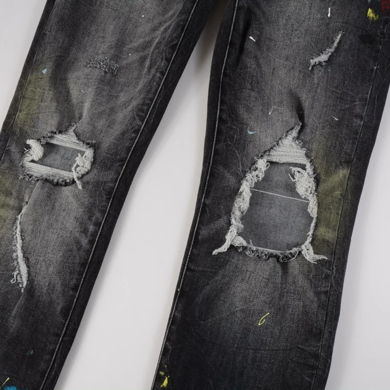 Streetwear Fashion Men Jeans Retro Black Gray Stretch Slim Fit Hole Ripped Jeans Men Painted Designer Hip Hop Brand Pants Hombre