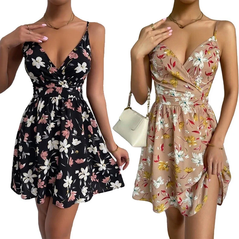 

2022 Summer New Women's Elegant Suspender Skirt V-neck Pullover Print Sleeveless Dress