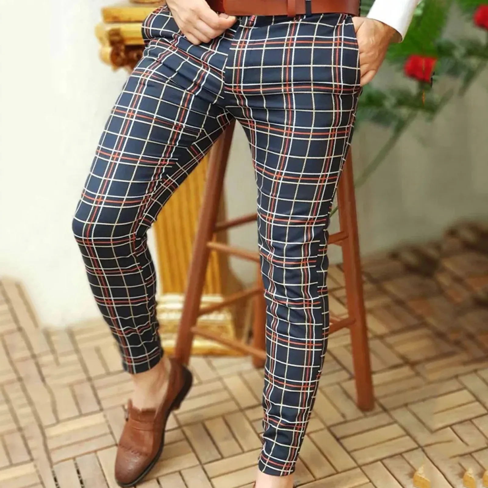 Мужские повседневные брюки в клетку с принтом для вечеринок эластичные