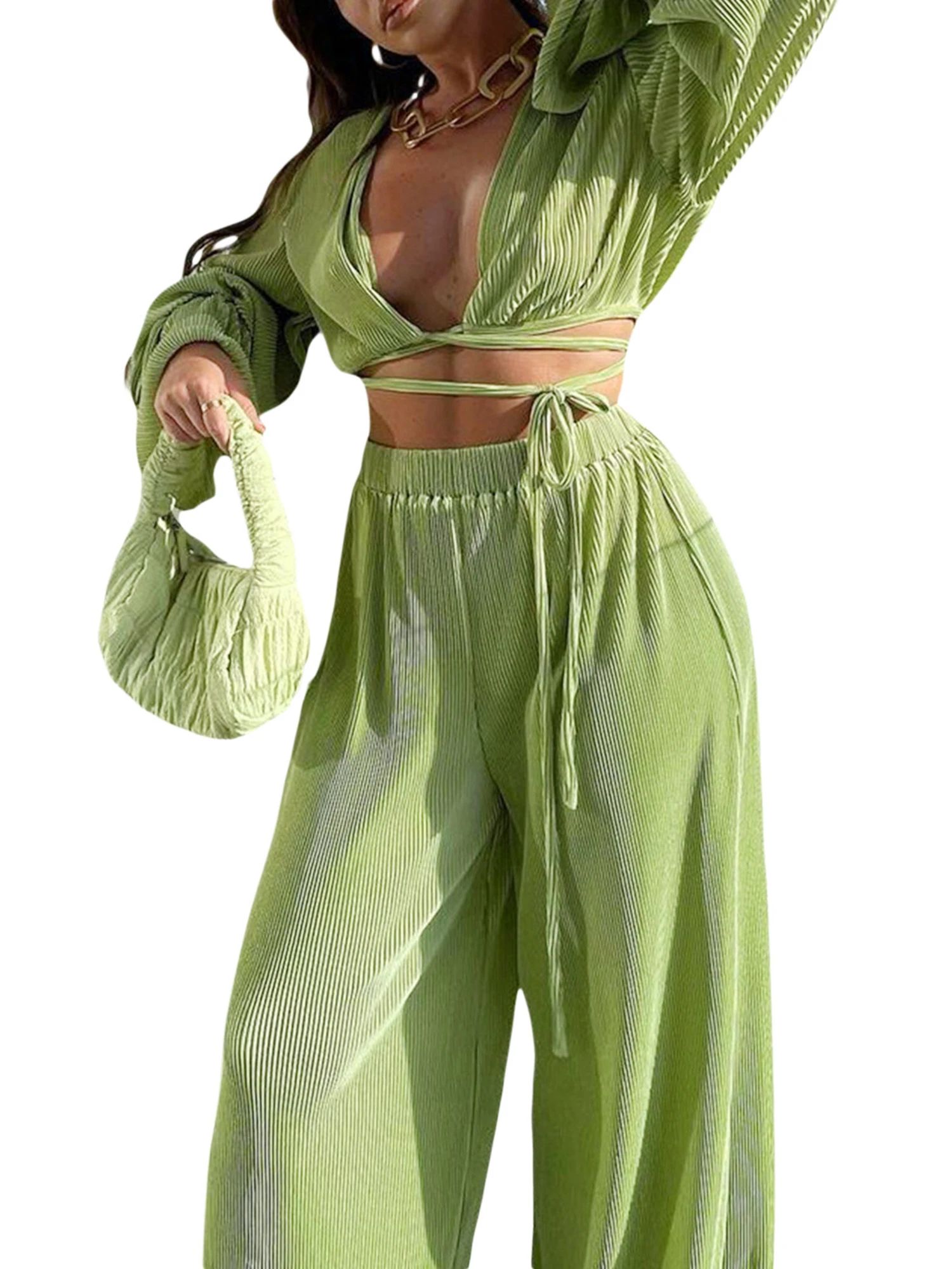 

Женский костюм из двух предметов, топ и брюки, плиссированные комплекты, укороченный топ с длинным рукавом и завязками, брюки с широкими штанинами, модная новинка