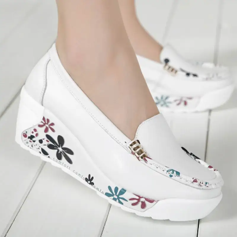 New Women's Genuine Leather Platform Shoes Wedges White Lady Casual Shoes Swing mother Shoes Size 35-40