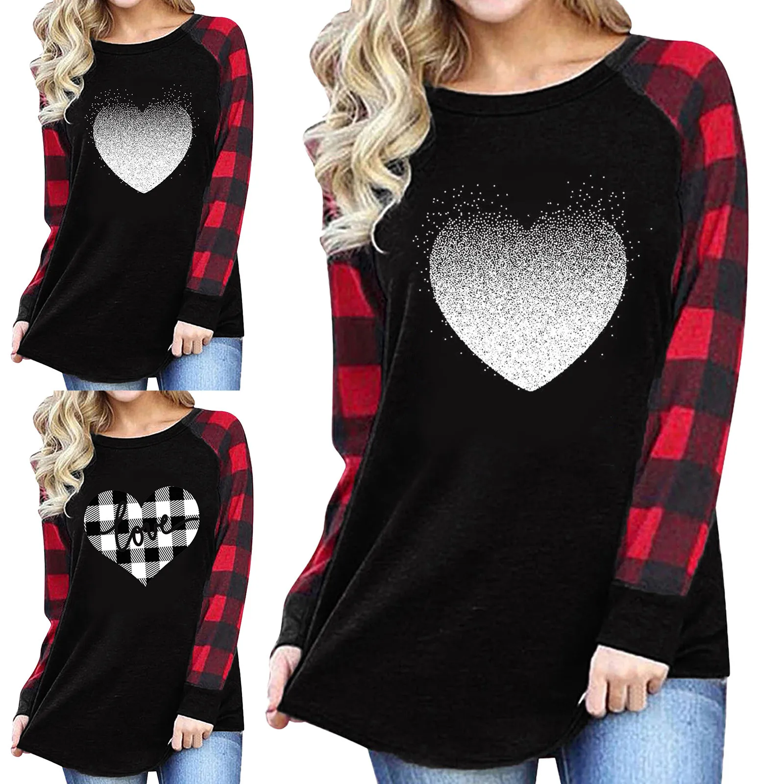 

Женская футболка с длинным рукавом, круглым вырезом и принтом в клетку