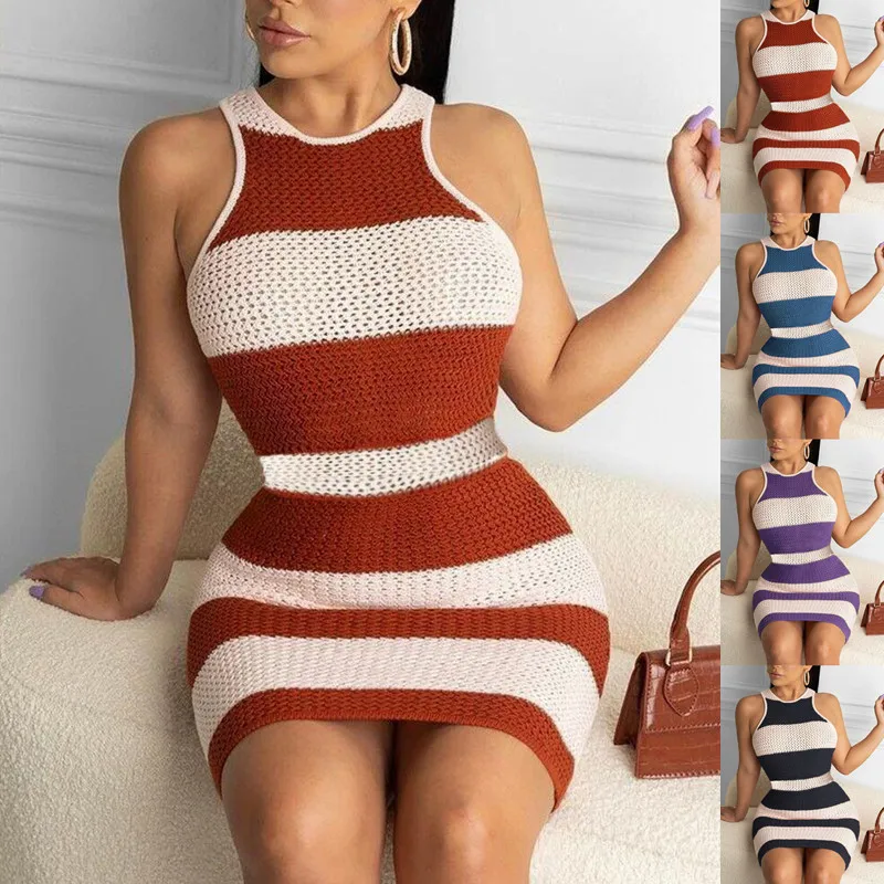 

Women's Summer Knit Tank Dress Sleeveless Color Matching Striped Mini Sweater Dress