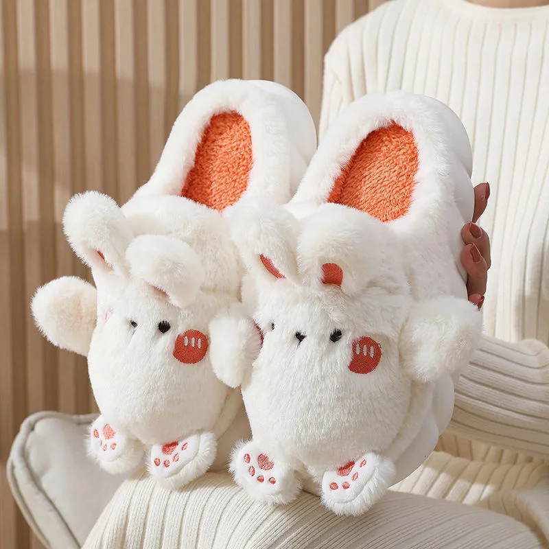 2022 Winter Newin Cartoon Rabbit Cotton Slippers Thick Bottom Home Indoor Couple Woolen Slippers Moon Shoes Female Non-slip Warm