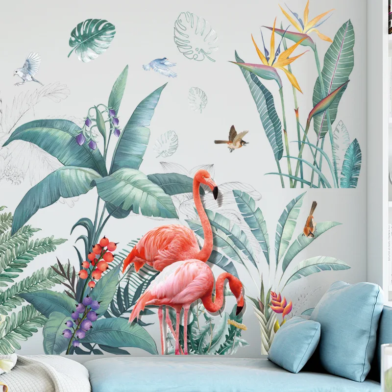 Eucalyptus Monstera Green Plant Wall Stickers DIY Flamingo Kitten Wall Decals Background Wallpaper Decor Bedroom Living Room