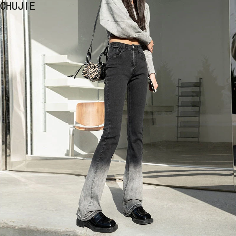 

2022 New Gradient Color High Elastic Pants Tall Slim Slim Micro Flared Jeans Fashion All-Match Mother Pants