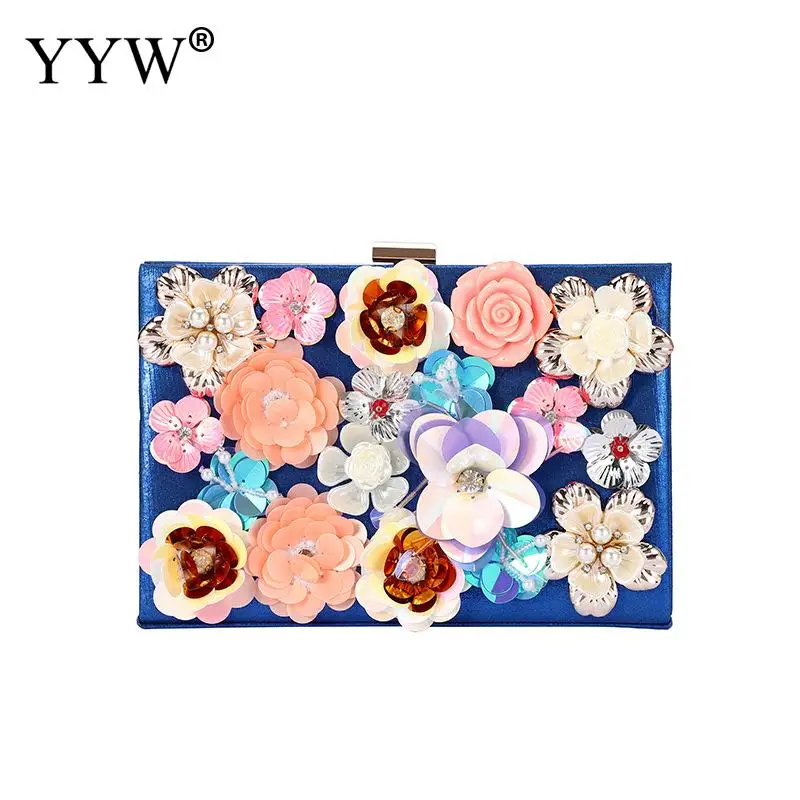 

YYW High Quality Leather Banquet Clutch Bags With Chain Vintage Sequined Flower Samll Square Purse Evening Party Shouder Bags