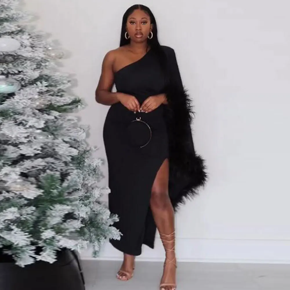 

Женское элегантное платье Zoctuo, черное платье с одним открытым плечом и перьями, соблазнительное вечернее платье с разрезом, 2023