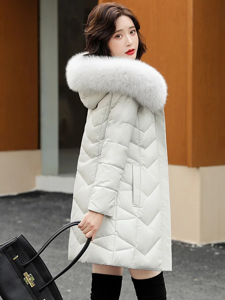 New Women Leather Down Coat Elegant Fashion Hooded Real Fox Fur Collar Thicken Warm Slim White Duck Down Sheepskin Outerwear