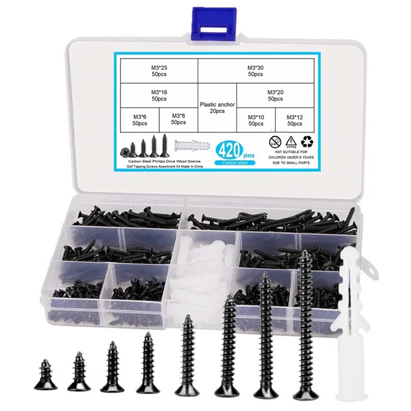 

420 Carbon Steel M3 Phillips Countersunk Head Tapping Screws, Including 20 M6 Screw Anchors