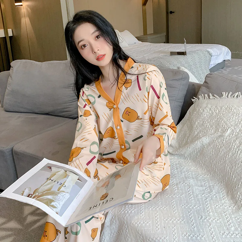 CAIYIER Big Size M-4XL Autumn Winter Love Print Nightwear Women V-Neck Long Sleeved Pyjamas Set Leisure Ladies Home Clothing