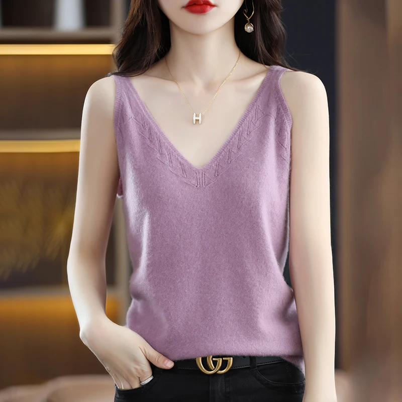 2022 Low Price Promotion Spring And Summer Worsted Wool Camisole Women's Front And Rear V-Neck Knitted Bottoming Loose Inside