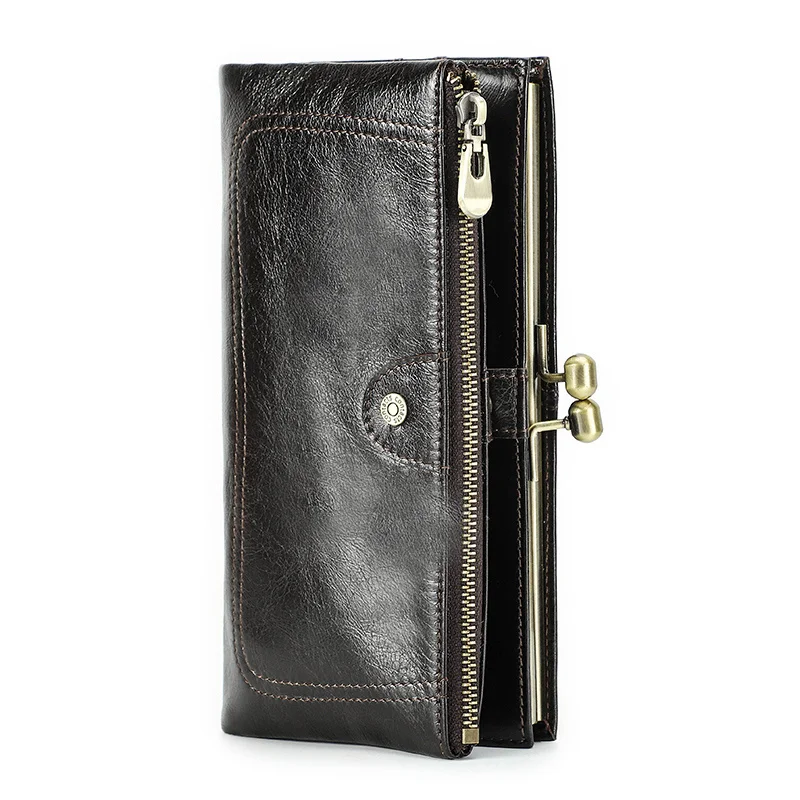 

Contact'S Genuine Leather Wallet Women Long Metal Frame Credit Card Holder Hasp and Zipper Woman Coin Pocket Purse