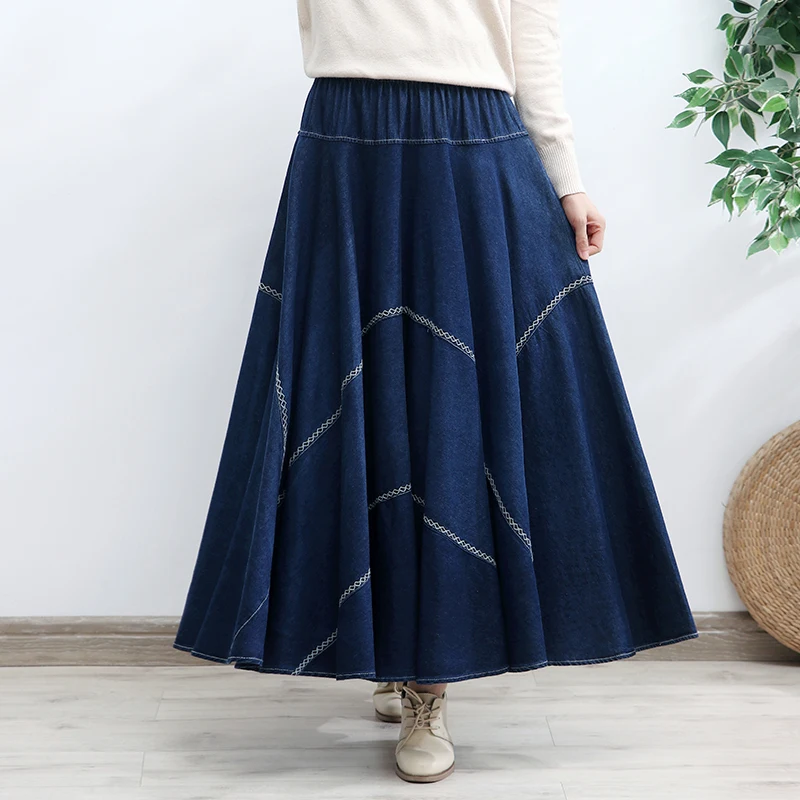 

TIYIHAILEY Free Shipping 2022 New Long Maxi A-line Skirt Women Elastic Waist Spring Autumn Denim Jeans Vintage Big Hem