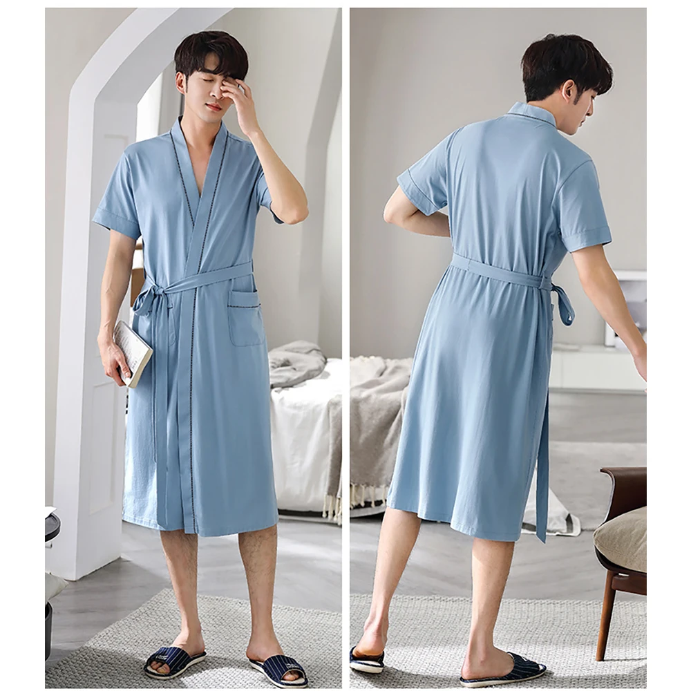 4XL 100% Cotton Robe Sets Summer Thin Men Short Sleeve Long Bathrobe+Shorts Casual Solid Hotel Sauna pijama hombre pyjama homme