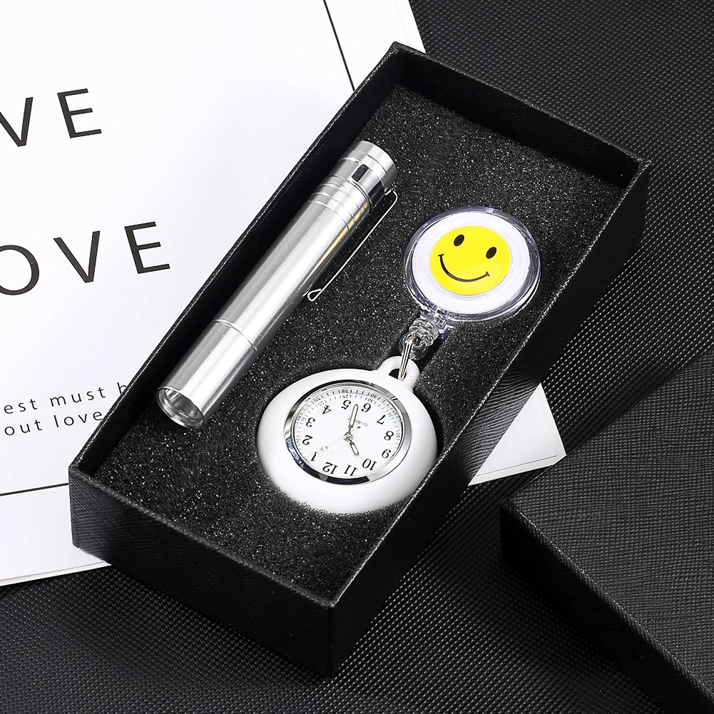 Nurse Hanging Watch Pen Light Medical Accessories 2PCS Gift Set for Nurse Doctor Cute Smiling Clip-on Fob Brooch Quartz Watch