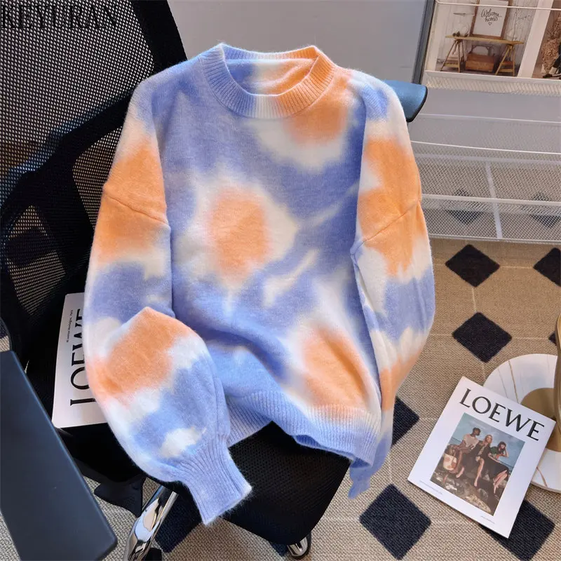 

Женский вязаный пуловер оверсайз с принтом, повседневный свободный свитер с круглым вырезом и длинным рукавом, джемпер с градиентом, топ Y2k, ...