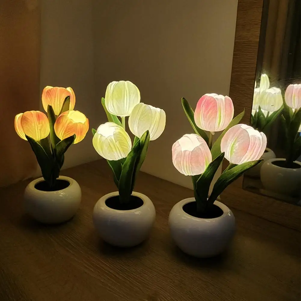 

Tulip LED Lamp Stepless Dimming Soft Lighting 3 Heads Brightness Flower Table Lamp LED Simulation Tulip Light Bedroom Supplies