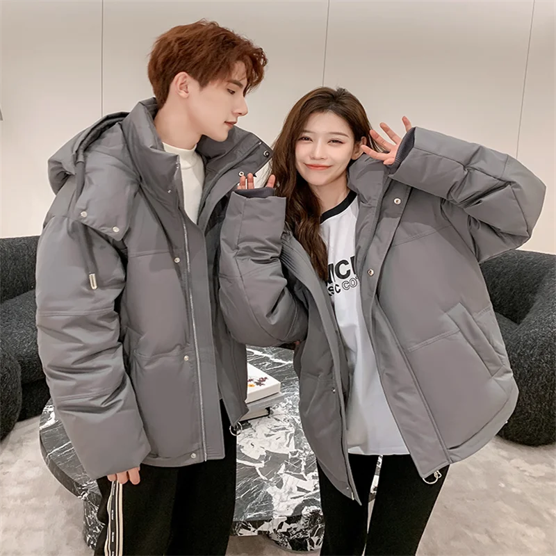 Winter Couple'S Short Down Jacket, Men'S And Women'S Same Thick Warm Young Man'S Small Bread  Loose And Casual Black White