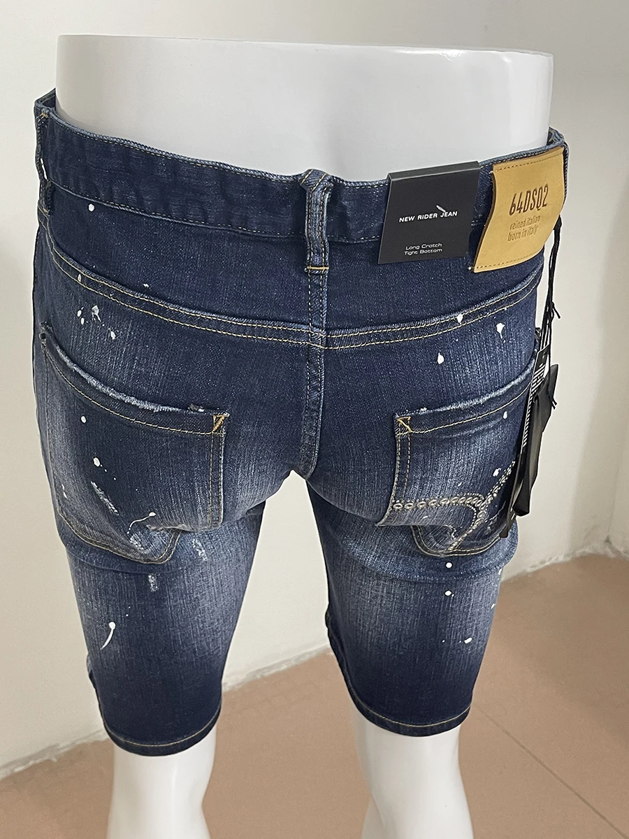 2023SS new summer Jean Shorts Man D 2 Jeans Fashion Deep Blue Hole Patch Tide micro-bounce five points