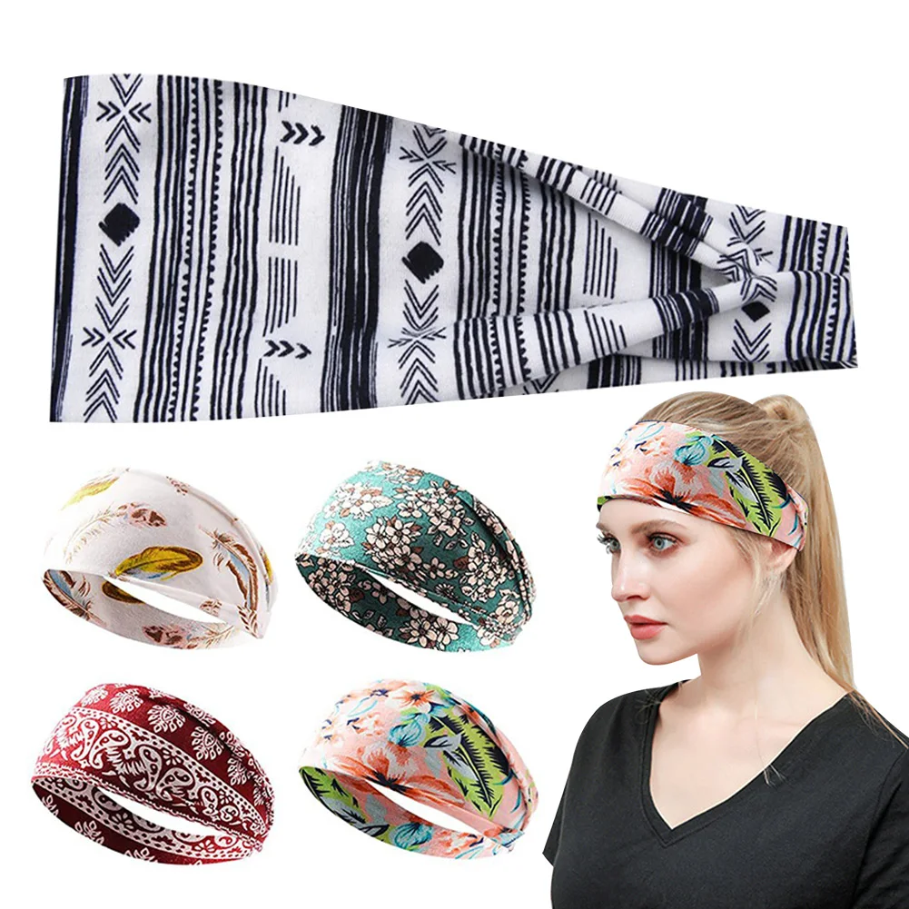 

6pcs Women Running Yoga Headband Wide Wrap Floral Sweatband Sweat Absorbing Sports Fitness Hair Band Face Washing Stretch