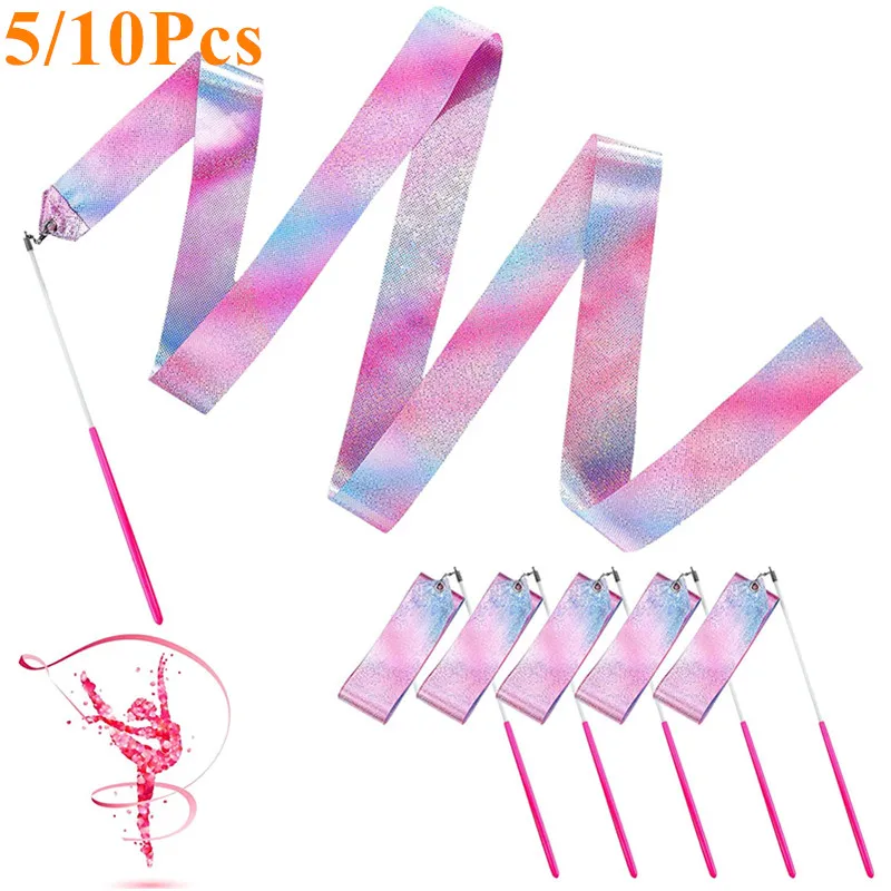 

Dance Art Ribbon Rhythmic Gymnastics Streamer Rainbow Ballet Flashing Stick Ribbons 5/10pcs Star Training Twirling Gym Rod
